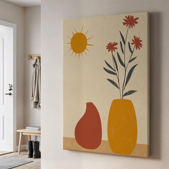 Minimalist Floral Art Canvas Abstract Vases And Sunflower Illustration Boho Style Wall Decor Framed Gift For Modern Interiorsunique
