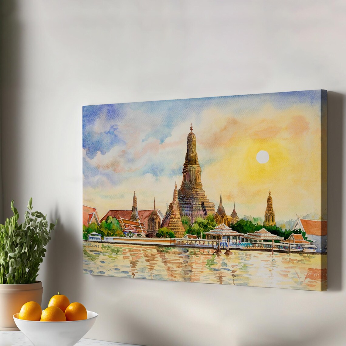 Wat Arun Bangkok Thailand Temple Sunset Watercolour Riverside Art Print
