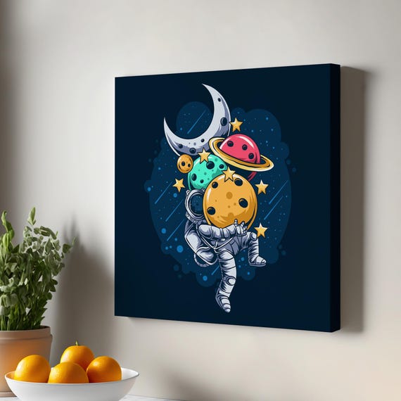 Astronaut Carrying Planets In His Arms Canvas Painting Framed Wall Art Illustration Modern Decor Large