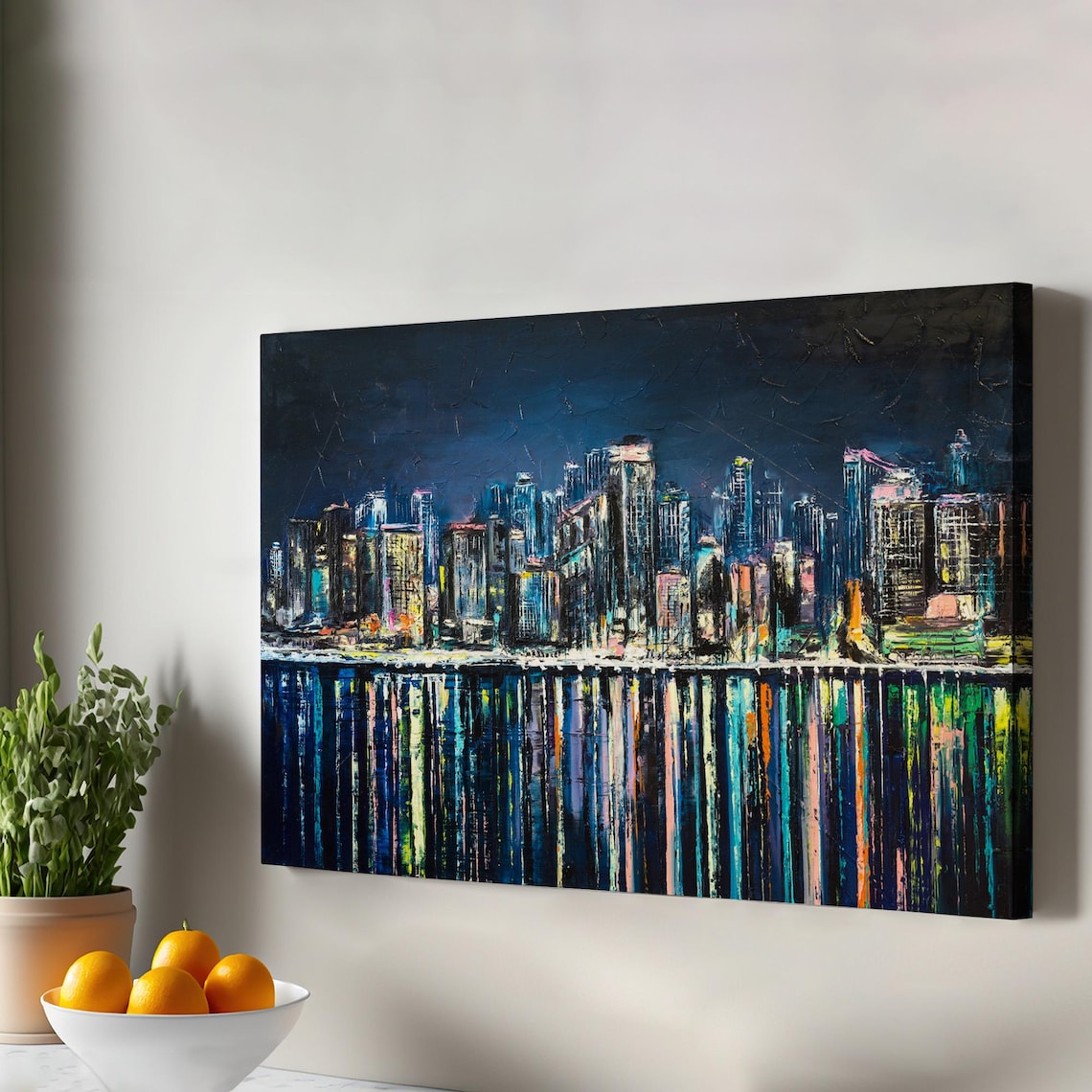 Coastal City Night Skyline Colorful Reflection Abstract Oil Painting Poster