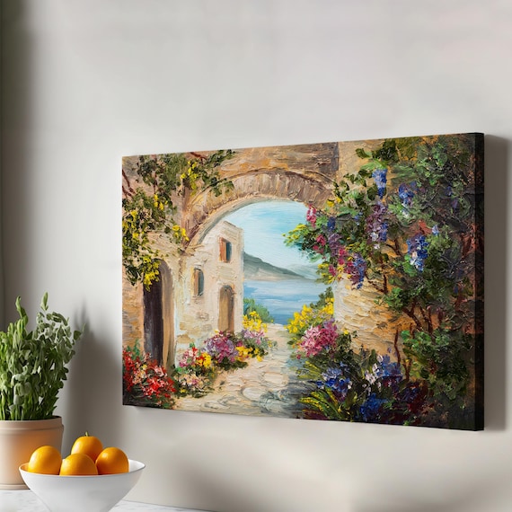 Mediterranean Stone Archway Flower Garden Seaside Coast View Poster