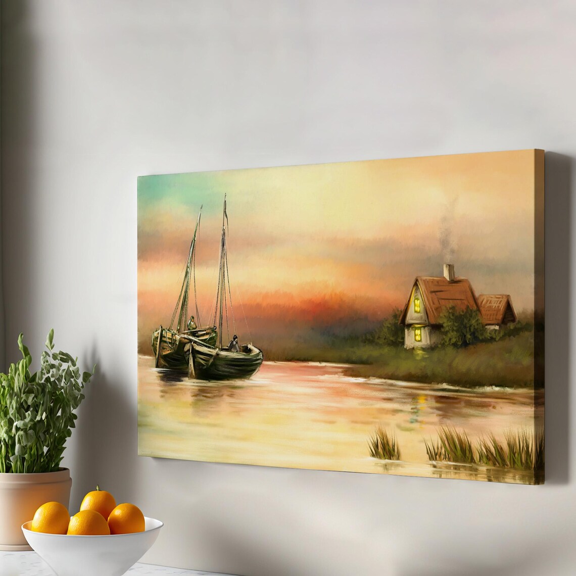 Fishing Boats at Sunset Oil Painting Lakeside Cottage Golden Light Poster