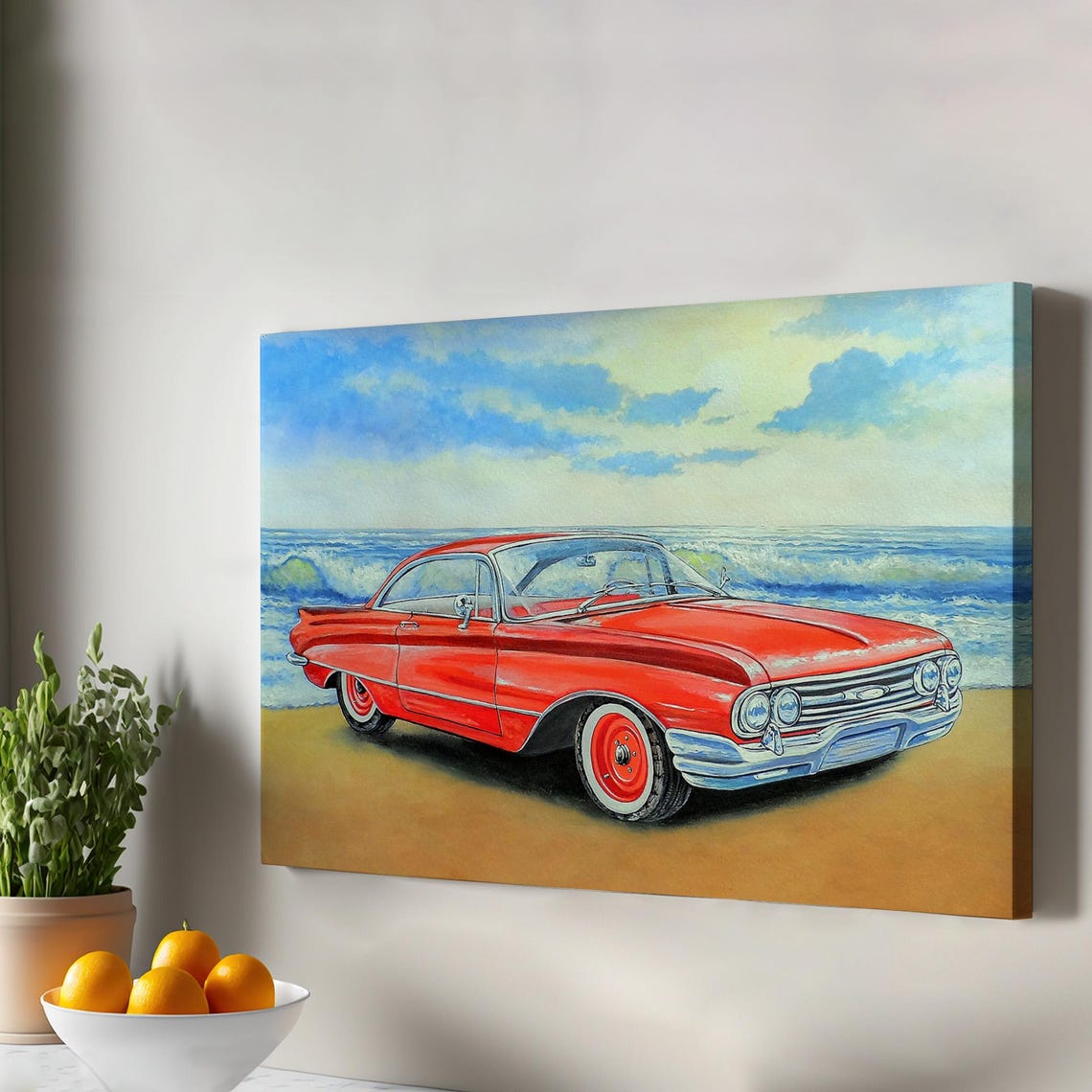 Red Retro Classic Coupe Ocean Beach Vintage Automotive Wall Art