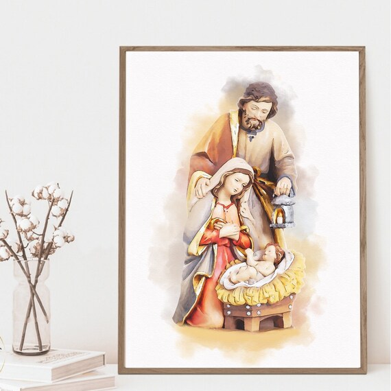 Holy Family Nativity Lantern Christmas Watercolor Wall Poster