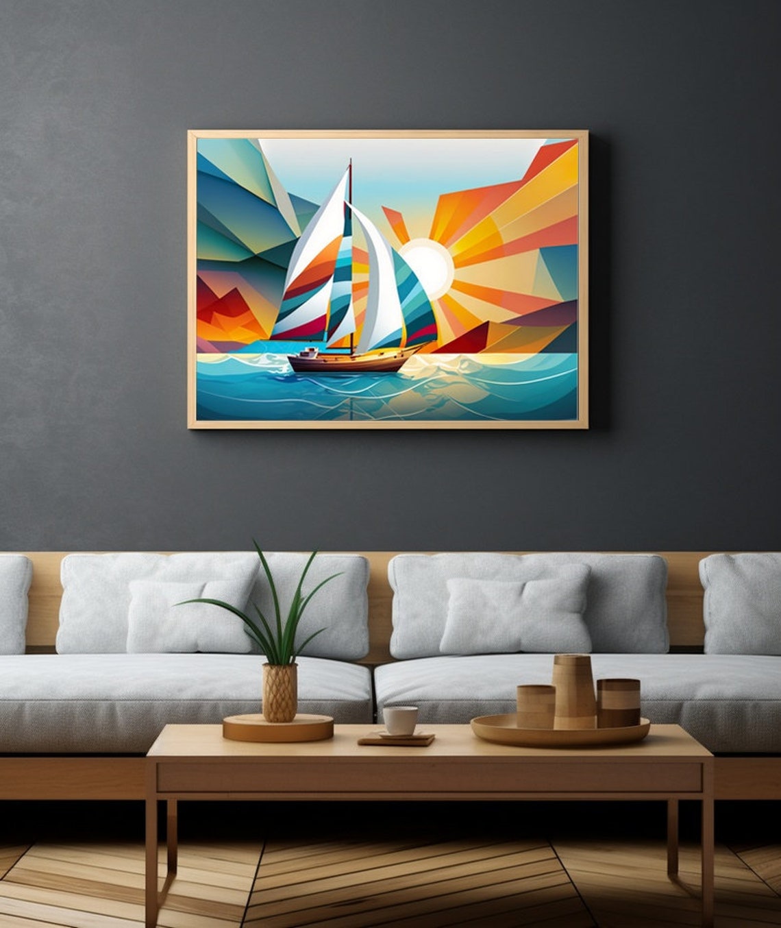 Geometric Sunrise Sailboat Colorful Abstract Ocean Art Poster - Image 4