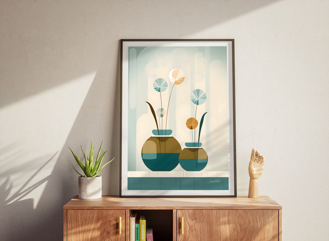 Teal Ceramic Vases Stylized Blossoms Modern Botanical Poster - Image 4