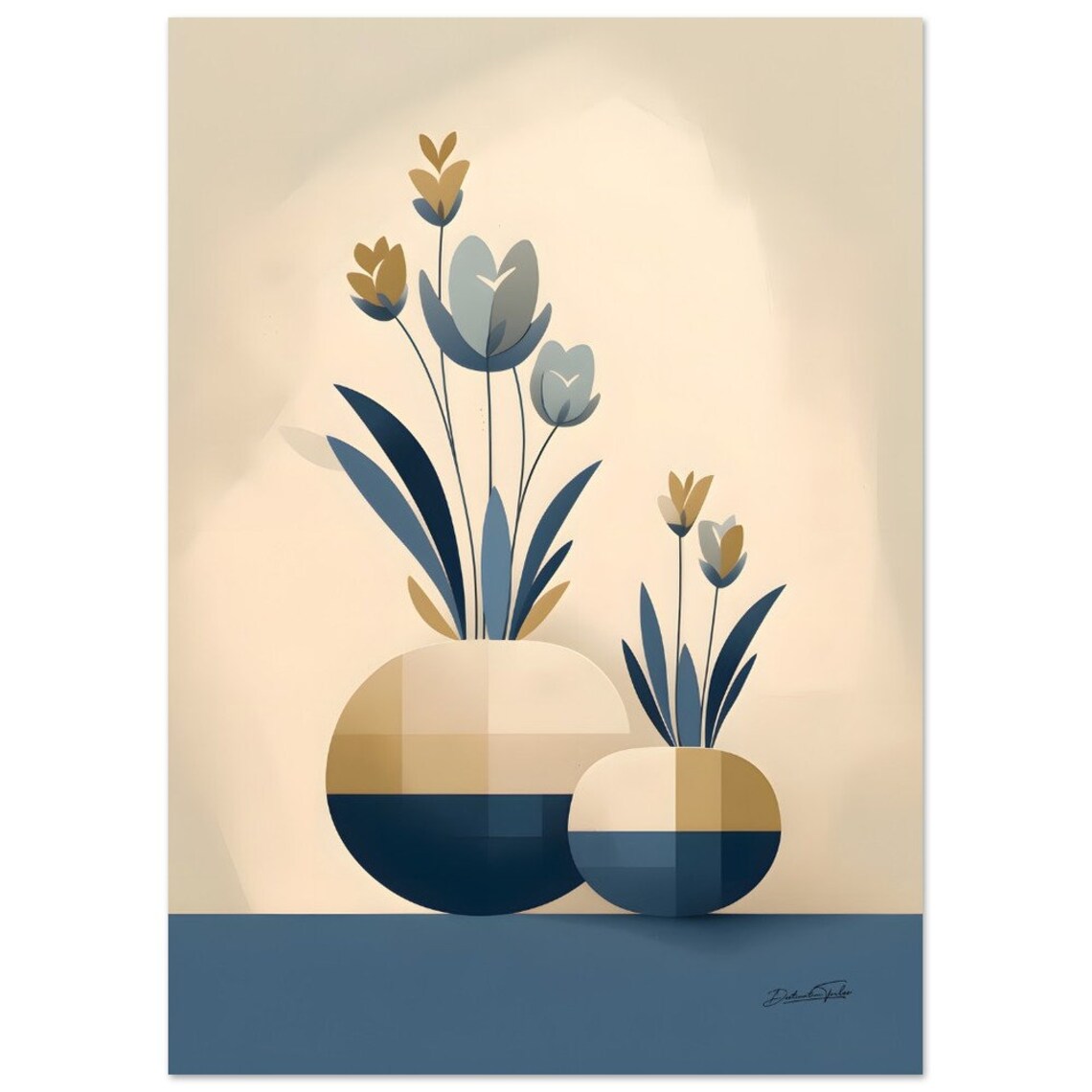 Navy and Cream Round Vases Blue Gold Floral Still Life Poster - Image 3