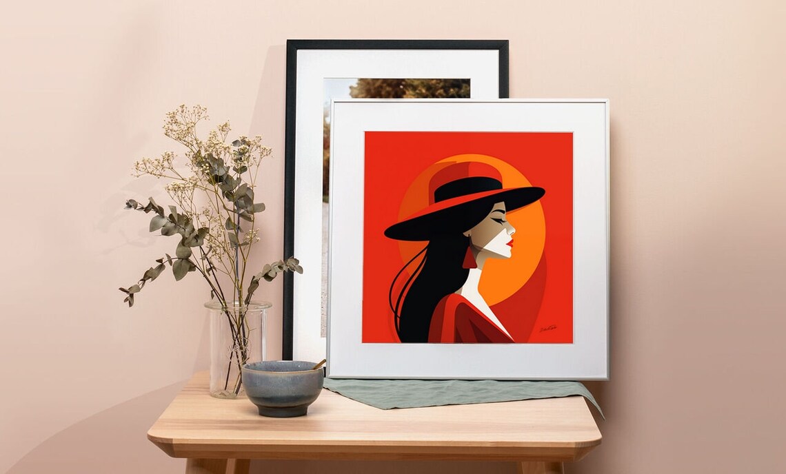 Red Lady With Hat Sunset Geometric Vintage Fashion Art Poster - Image 2