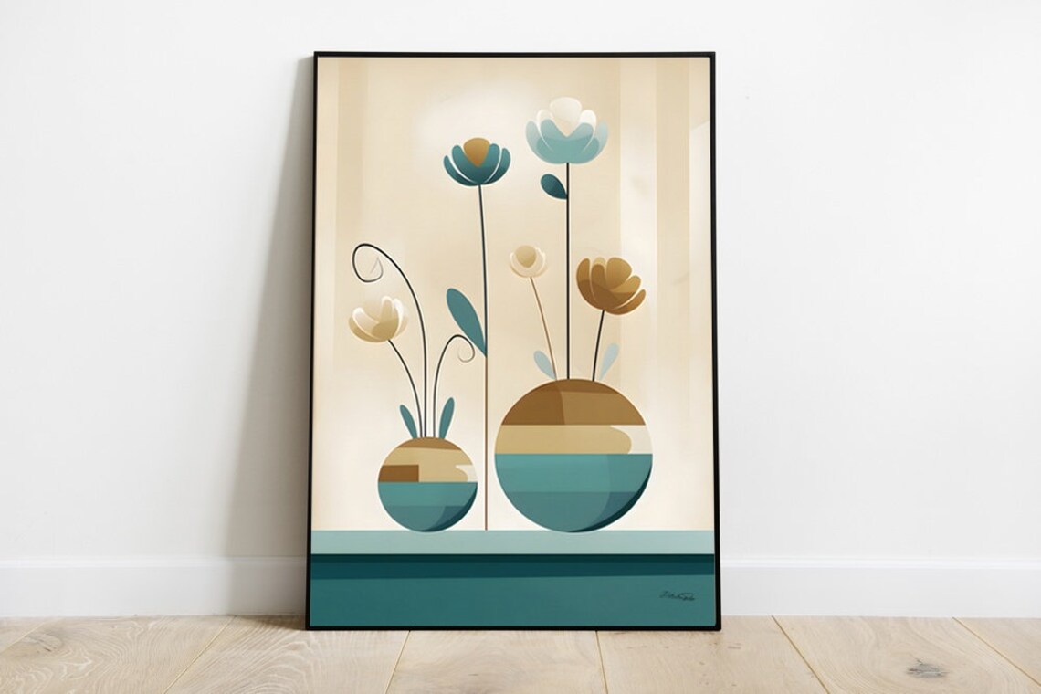 Whimsical Teal Gold Flowers Striped Vases Still Life Wall Decor Poster - Image 4