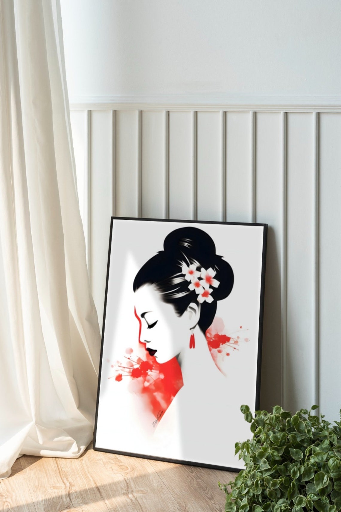 Geisha With Cherry Blossoms Red and Black Minimalist Art Poster - Image 4