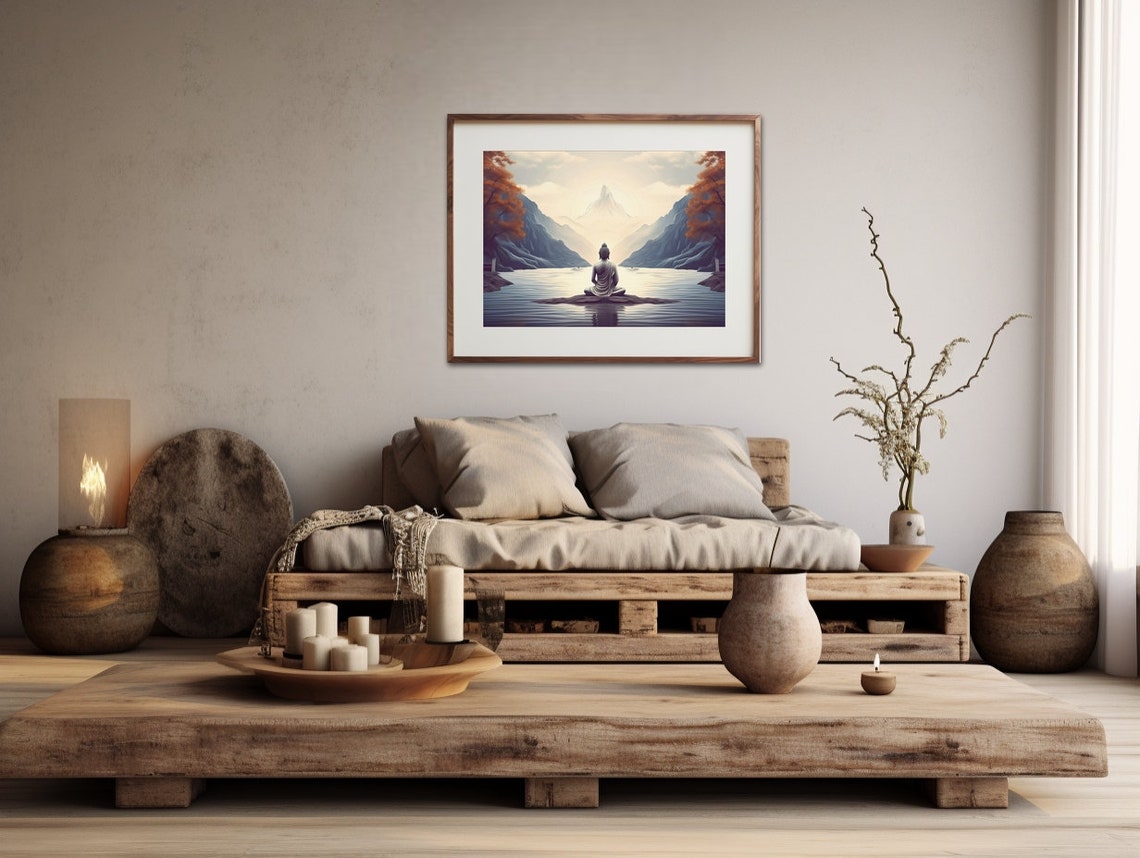 Buddha Meditating Mountain Lake Zen Peaceful Landscape Art Poster - Image 2