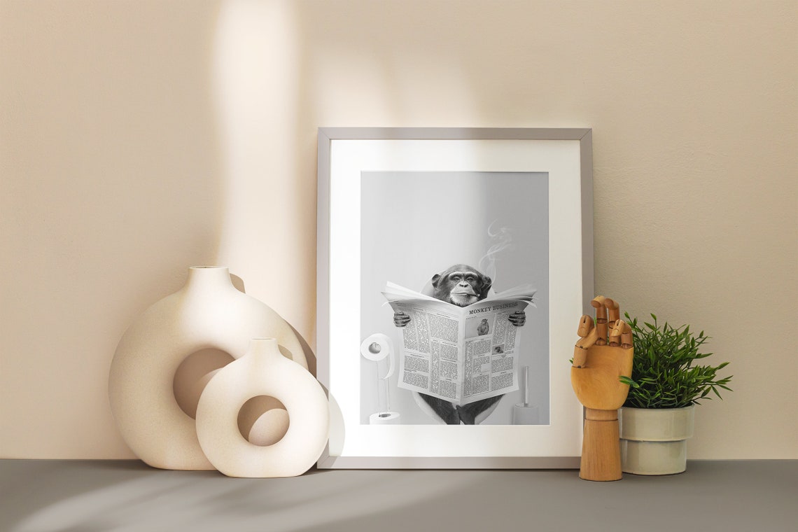 Black and White Monkey Reading Newspaper Toilet Humour Art Poster - Image 2