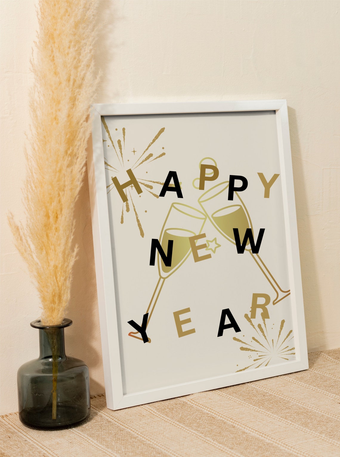 Happy New Year Champagne Glasses Gold Fireworks Festive Party Poster - Image 2