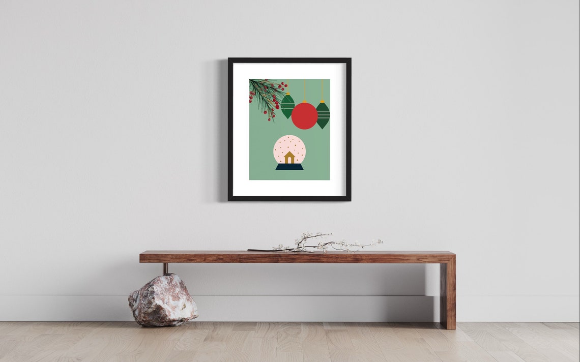 Minimalist Christmas Ornaments Snow Globe Sage Green Wall Poster - Image 2