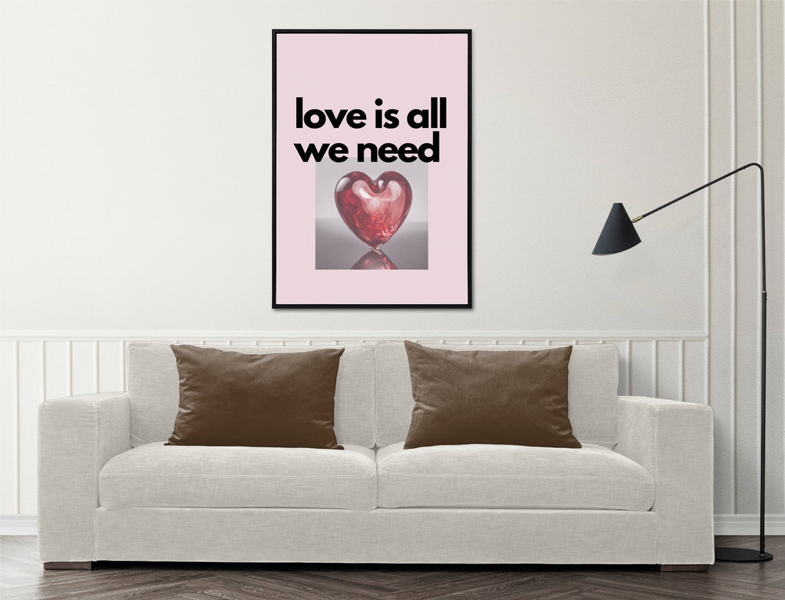 Love Is All We Need Red Glass Heart Dusty Pink Quote Wall Print - Image 2