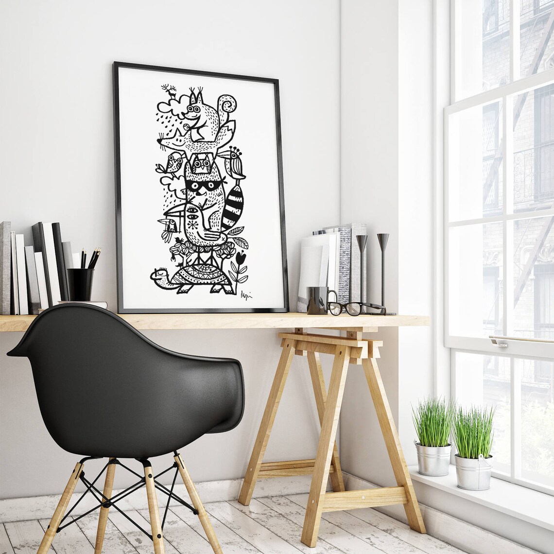 Stacked Woodland Animals Doodle Black and White Nursery Art Poster - Image 2