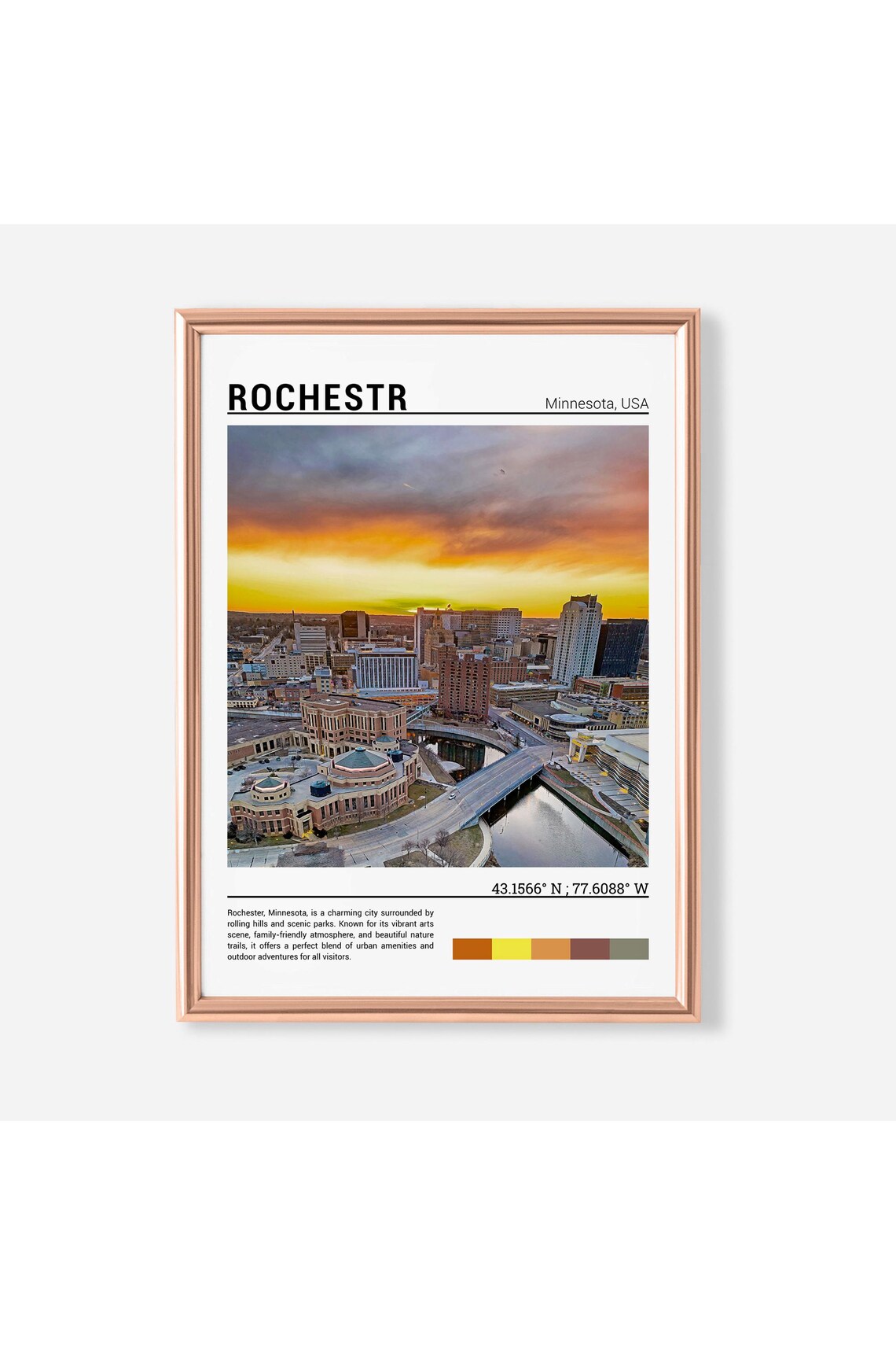 Rochester Minnesota City Skyline Sunset River Minimalist Travel Poster