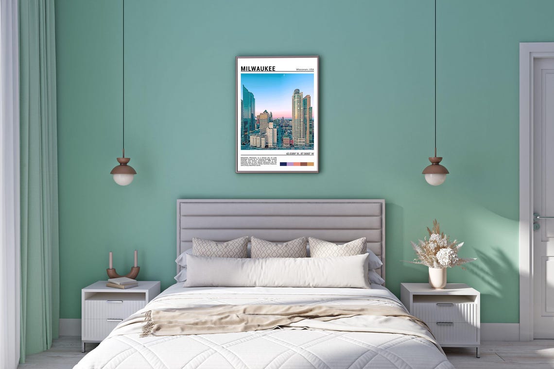 Milwaukee Wisconsin Downtown Glass Towers Dusk Skyline Travel Poster - Image 5
