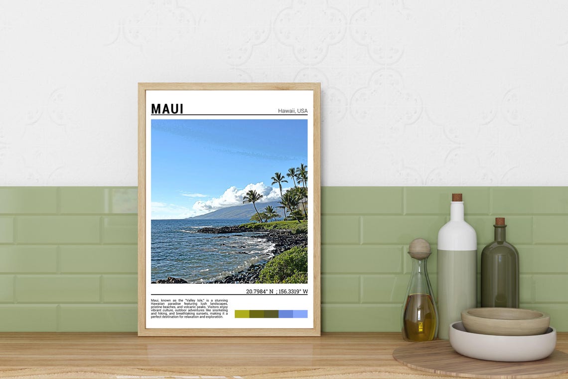 Maui Hawaii Tropical Rocky Shore Palm Trees Ocean Photo Poster - Image 3