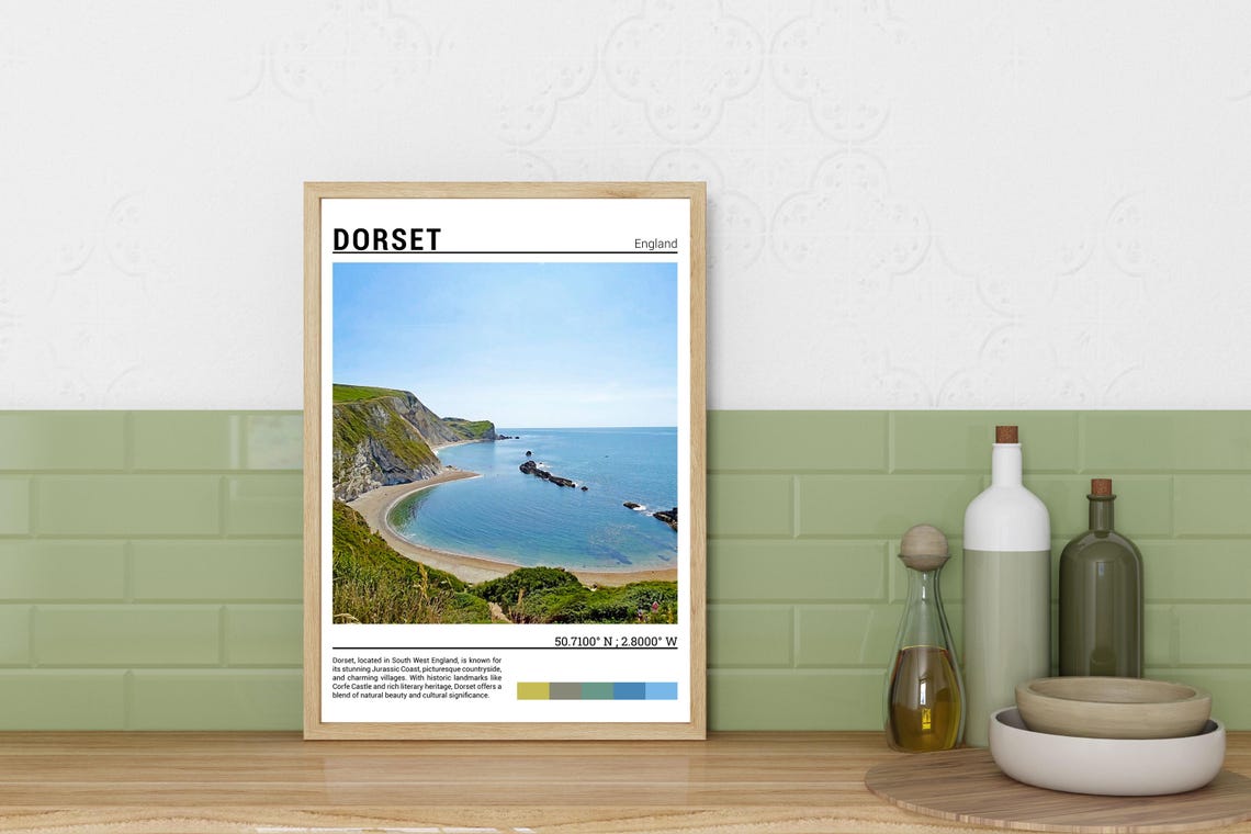 Dorset England Crescent Bay Green Cliffs Turquoise Water Poster - Image 3