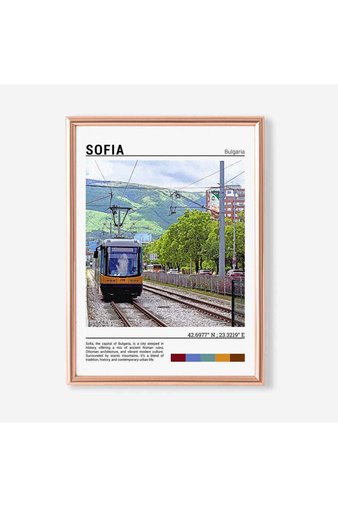 Sofia Bulgaria Tram Mountain Backdrop City Street Urban View Poster