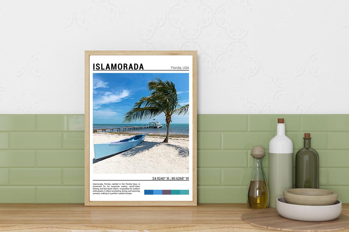 Islamorada Florida Keys Sunny Palm Tree Canoe Beach Pier Poster - Image 3