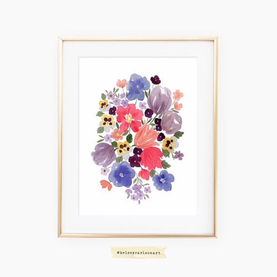 Colorful Wildflower Bouquet Watercolor Pansy Floral Botanical Art Print