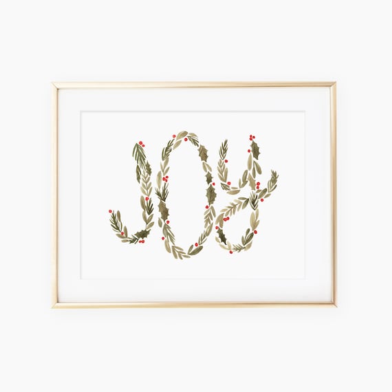 Joy Greenery Script Christmas Holiday Hand Lettered Art Poster