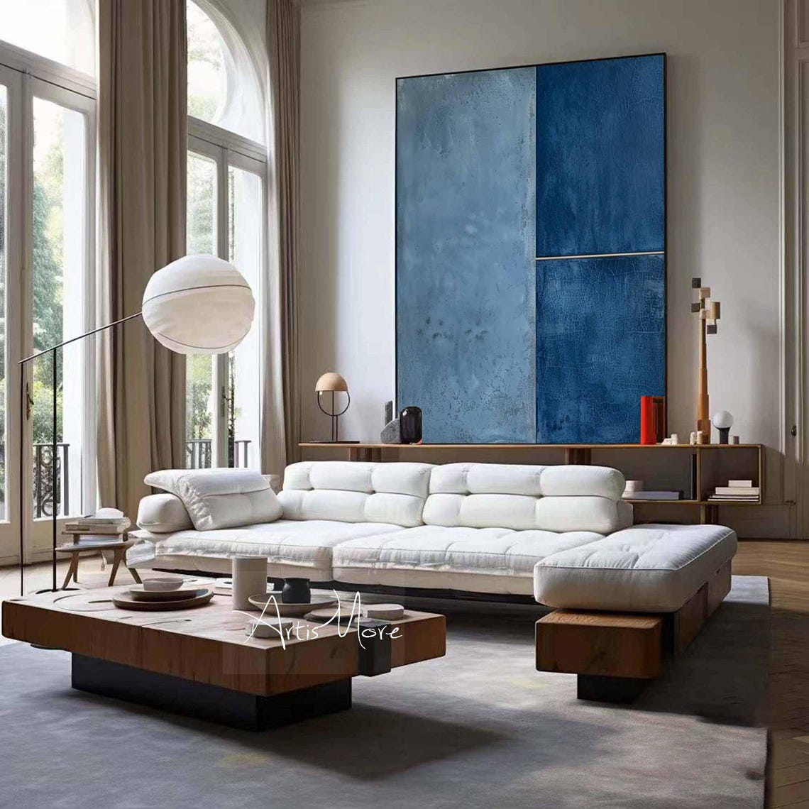 Blue Minimalist Block Abstract Painting Two Tone Navy Texture Wall Art - Image 2
