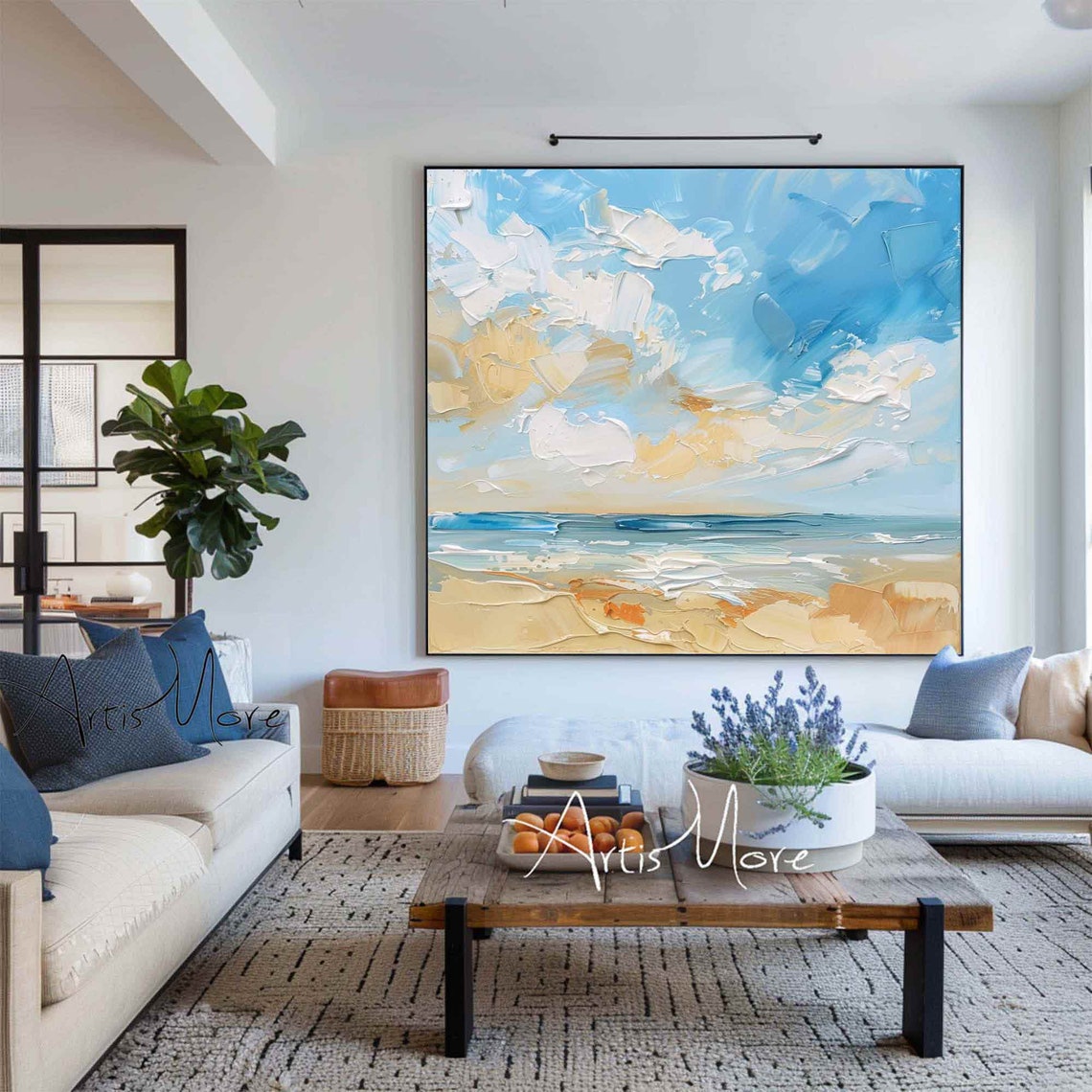 Abstract Beach Painting Blue Cloudy Sky Beige Sand Coastal Wall Art - Image 5