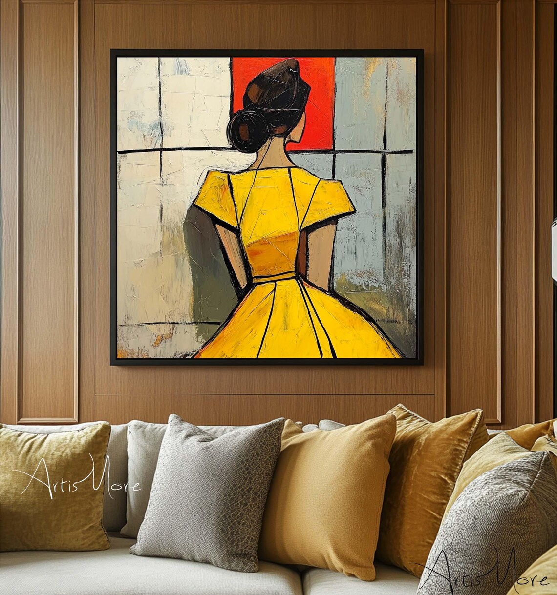 Abstract Woman Back View Yellow Dress Modern Figurative Art Poster - Image 2