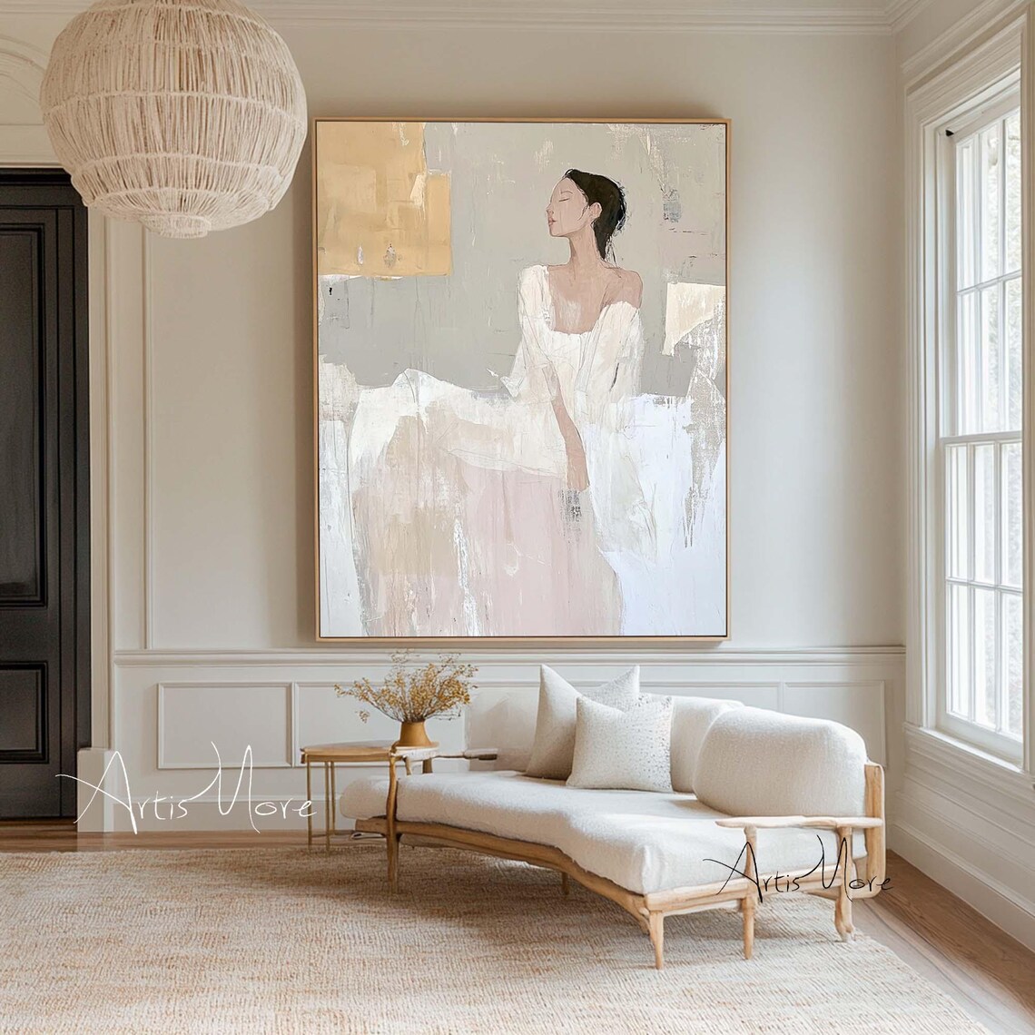 Elegant Woman White Dress Profile Neutral Beige Modern Figure Painting Wall Art - Image 5