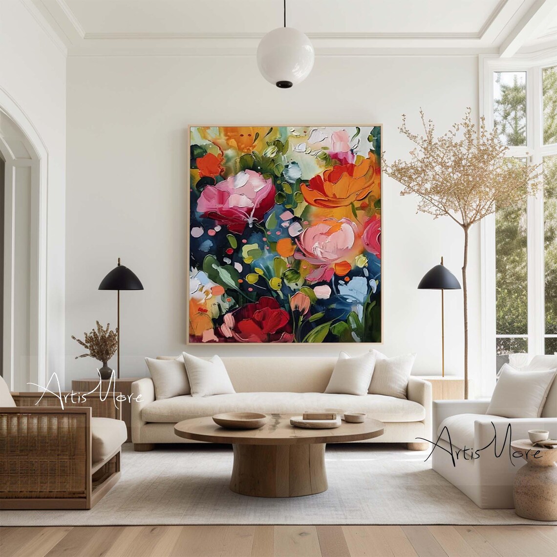 Bold Pink Red Poppy Bloom Abstract Floral Impasto Canvas Art Poster - Image 4