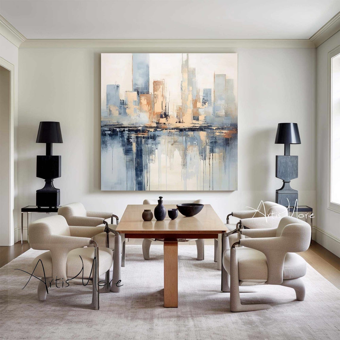 Blue Beige Abstract Cityscape Skyline Reflection Modern Art Poster - Image 5