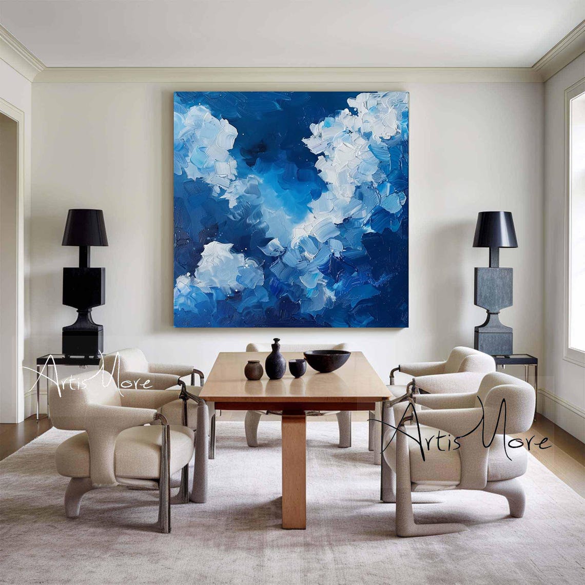Blue White Textured Cloudscape Abstract Sky Impasto Canvas Poster - Image 4