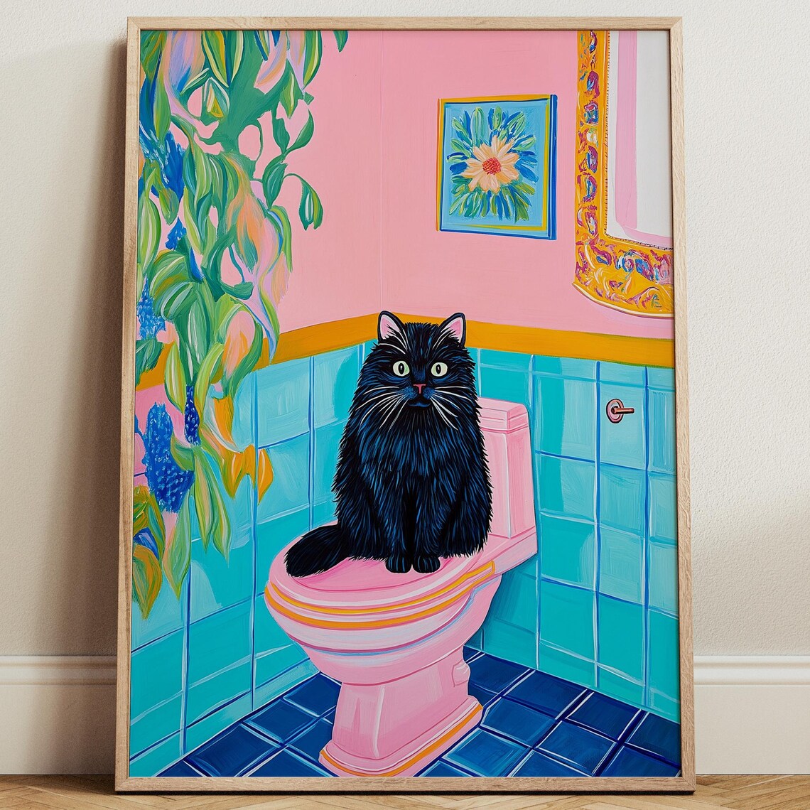 Black Cat On Pink Toilet In A Colorful Retro Pastel Bathroom Poster
