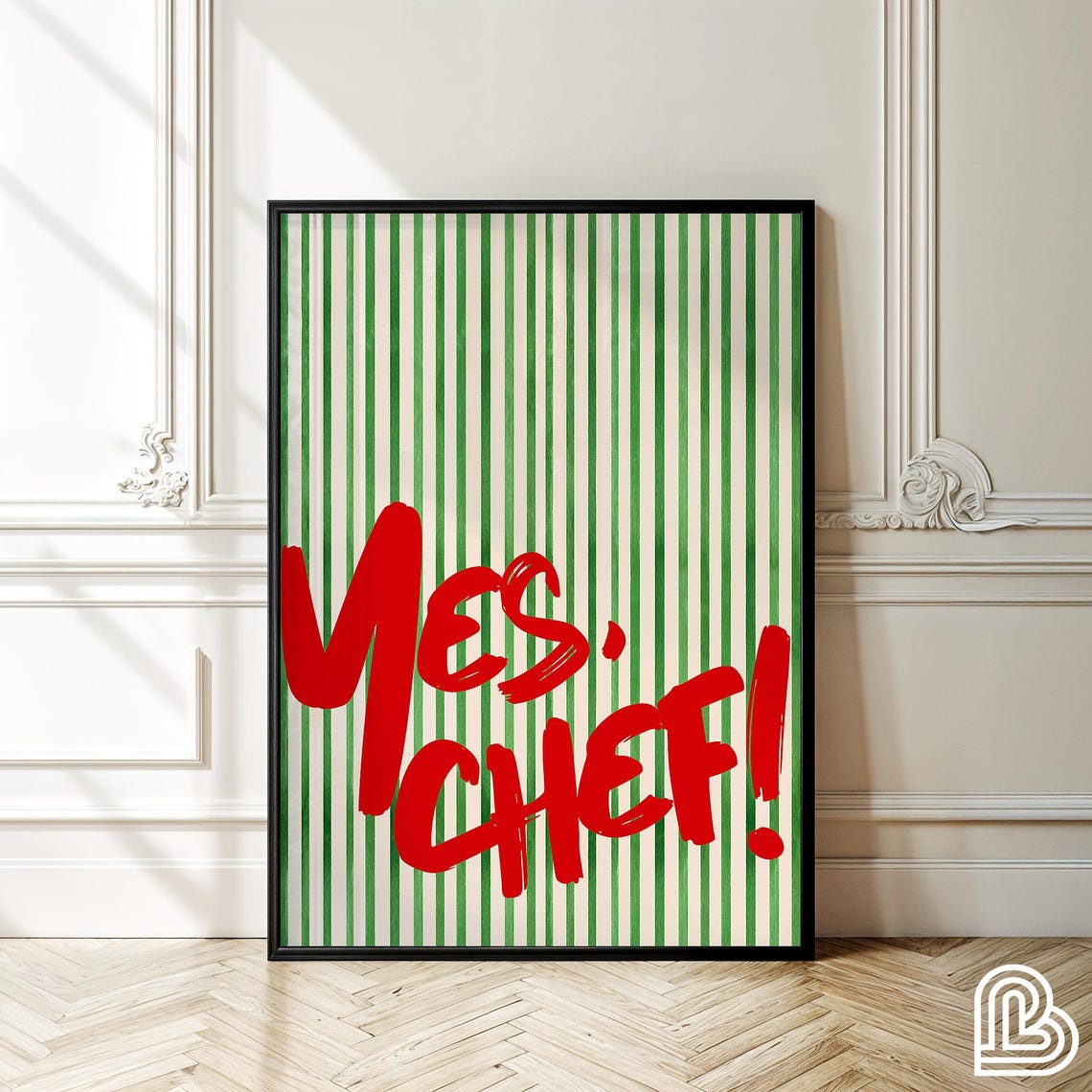 Yes Chef Bold Red Script Green Stripe Kitchen Quote Art Poster