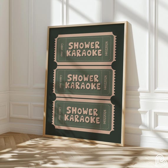 Shower Karaoke Ticket Print Singing Funny Art Vintage Trendy Sage Green Decor Stub Bathroom Sign