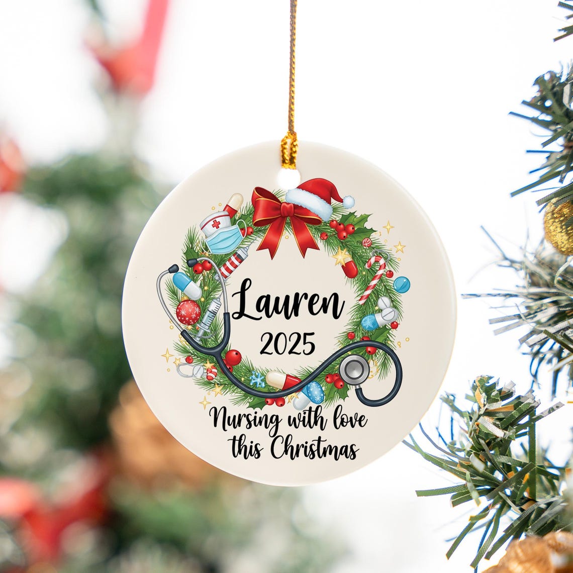 Personalized Nurse 2025 Ornament Nursing With Love Christmas Print