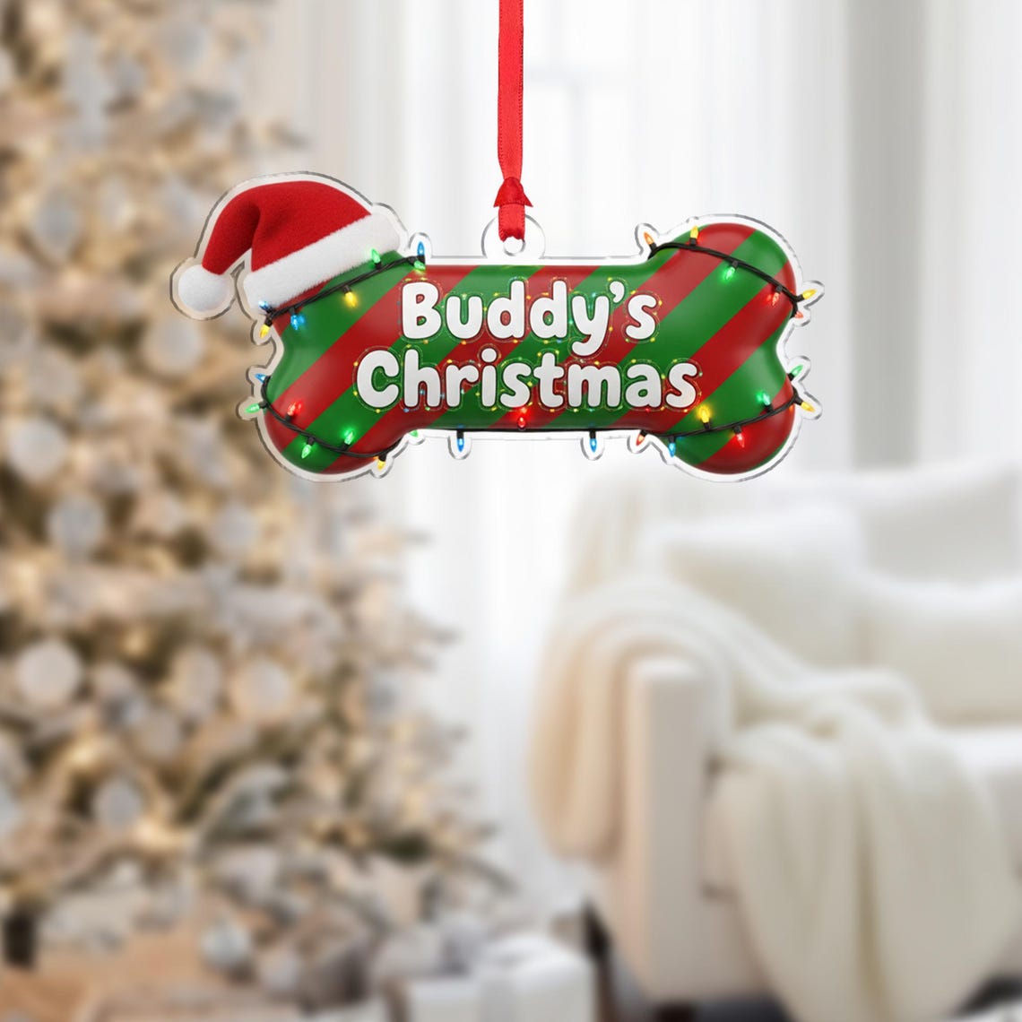 Personalized Dog Bone Christmas Ornament Santa Hat Holiday Poster