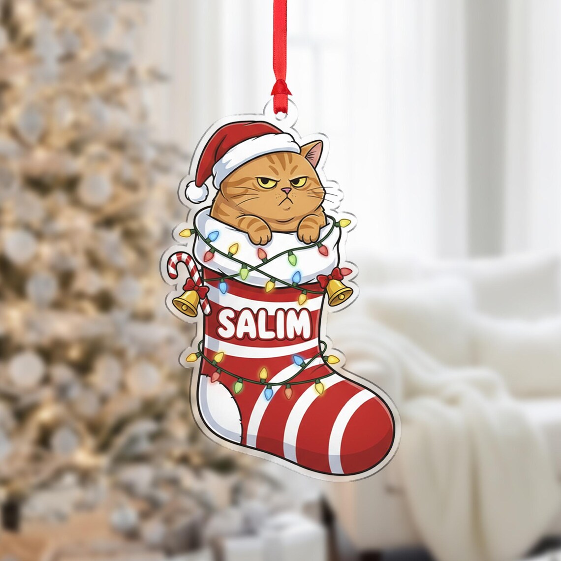 Personalized Grumpy Cat in Christmas Stocking with Name Funny Ornament Print