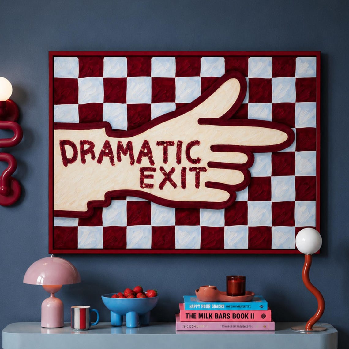 Big Dramatic Exit Pointing Hand Red Checkered Pop Art Wall Art