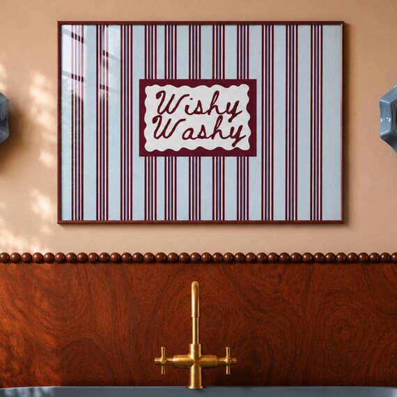 Wishy Washy Quote Print Horizontal Funny Typography Bathroom Wall Art Hand Drawn Retro Blue Burgundy Striped Decor Poster