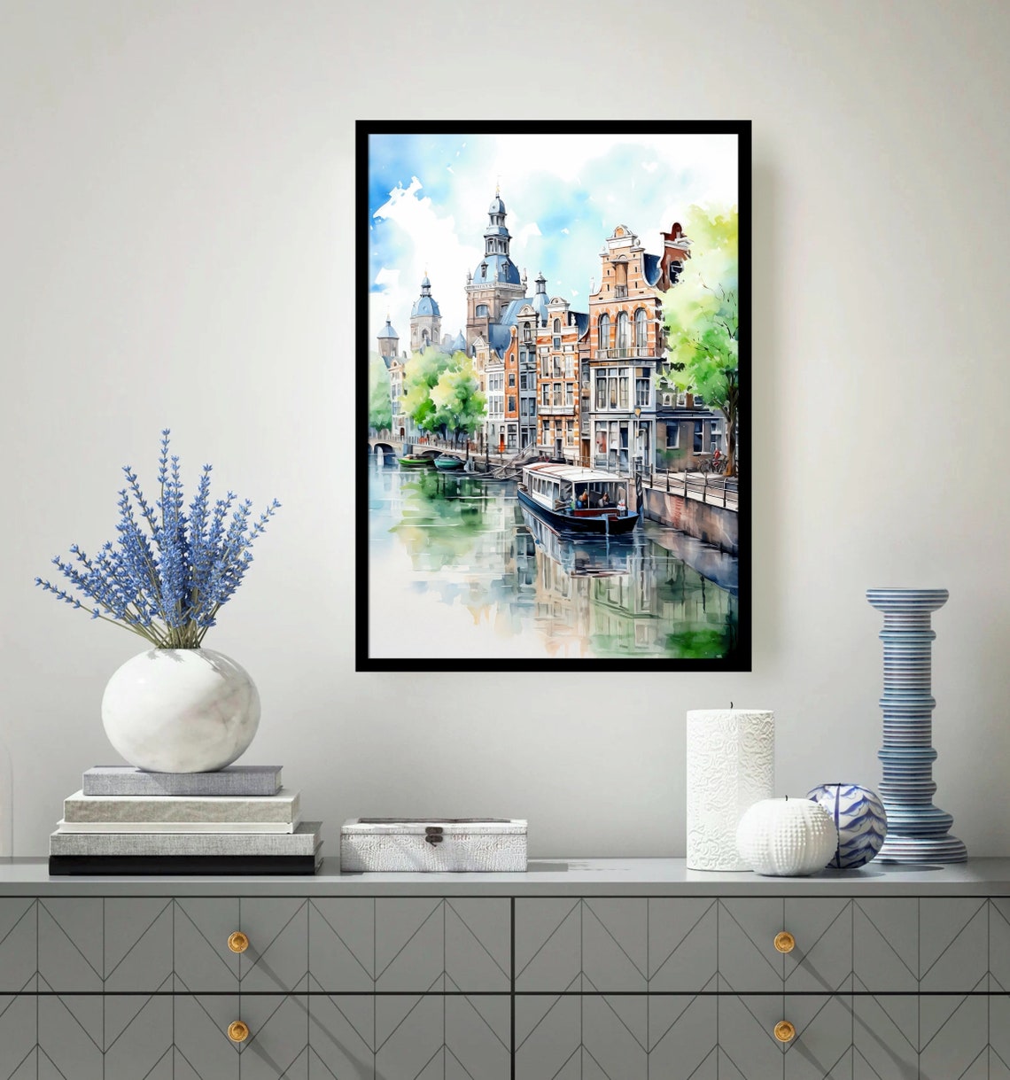 Amsterdam Canal Houses Historic Boat Architecture Watercolor Poster - Image 4