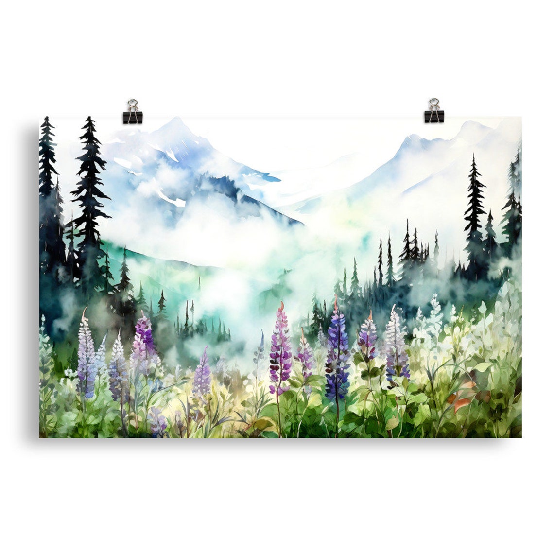 Misty Blue Mountain Peaks Purple Lupine Meadow Watercolor Poster - Image 5