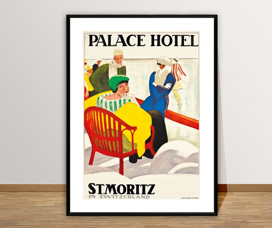 St Moritz Palace Hotel Switzerland Winter Skating Scene Travel Poster - Image 2