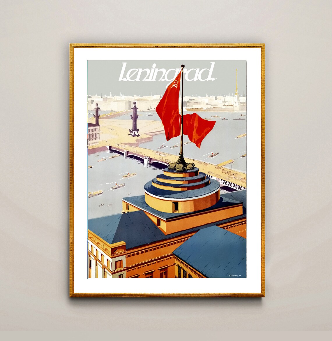 Leningrad Red Flag Neva River Soviet Vintage Travel Art Poster - Image 2