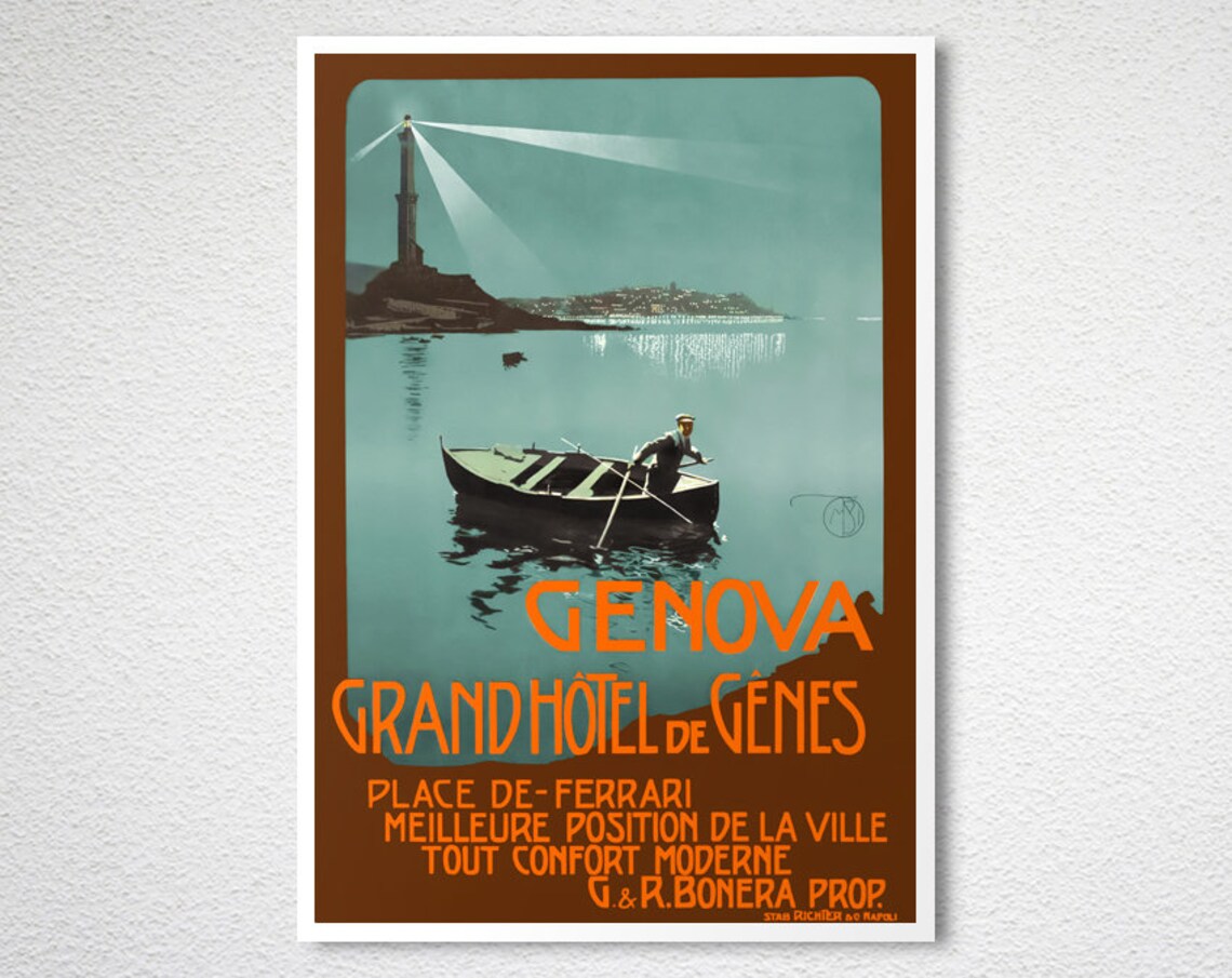 Genoa Italy Grand Hotel de Genes Vintage Harbor Lighthouse Poster - Image 2