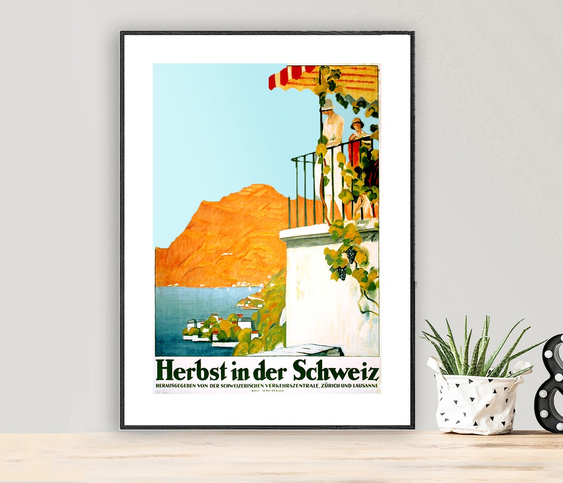 Autumn in Switzerland Lake Terrace Vintage Fall Travel Poster