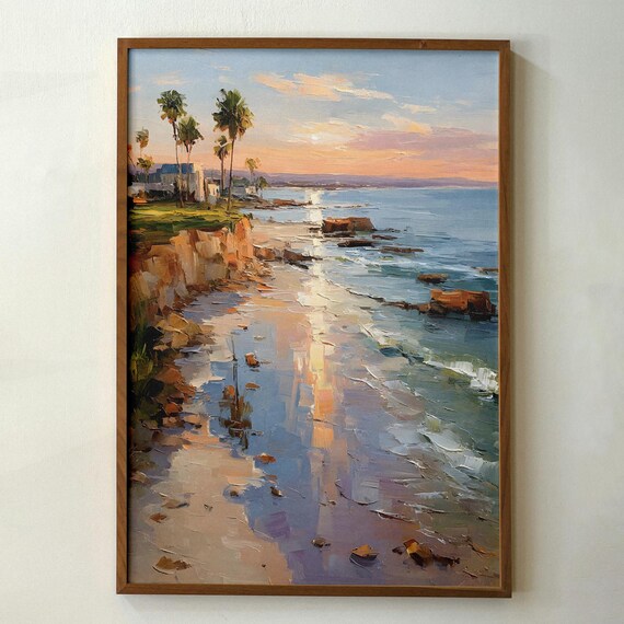 Palm Coast Sunset Ocean Cliffs Golden Light Seascape Painting Print
